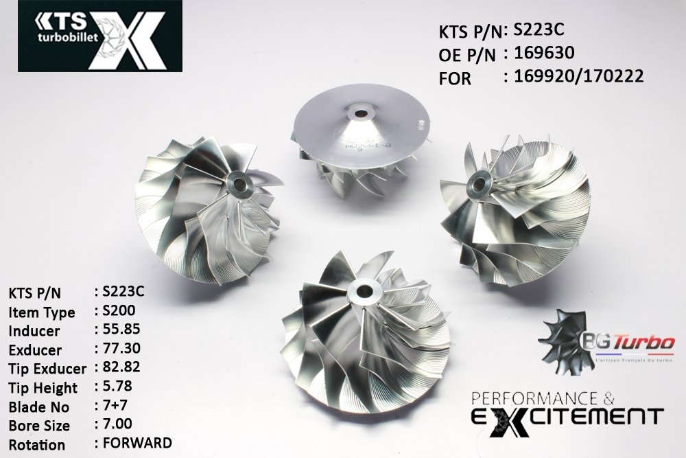 Turbo ROUE FORGÉE MFS PERFORMANCE - 7+7 PALES - INDUCER : 55,85 - EXDUCER : 77,3 - TYPE : S200ANGLE : 50° - ROTATION : Forward - SUPER BACK : 6,415 - BORE SIZE : 7
